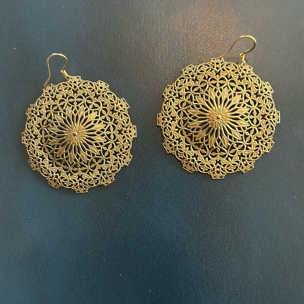 Gold Filigree Medallion Drop Earrings - Elegant Women Jewelry